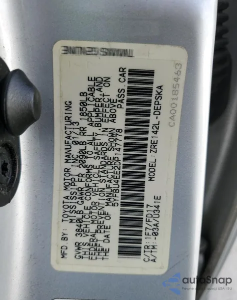 2013 Toyota Corolla Base из США, поврежденный, VIN 5YFBU4EE2DP147778